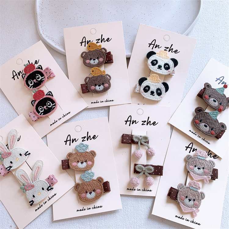 新款儿童刺绣卡通小熊兔子发夹可爱女童侧边碎发刘海夹鸭嘴夹发卡