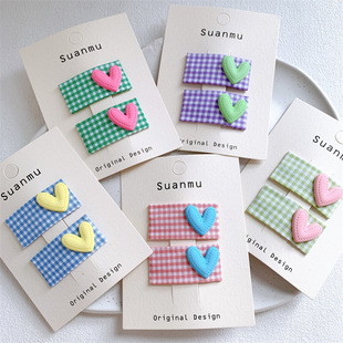 新款 儿童爱心方形格纹布艺发夹甜美女童侧边夹刘海夹碎发BB夹发卡