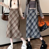 实拍~大码胖MM冬季韩版毛呢高腰长裙chi格子中长半身裙女