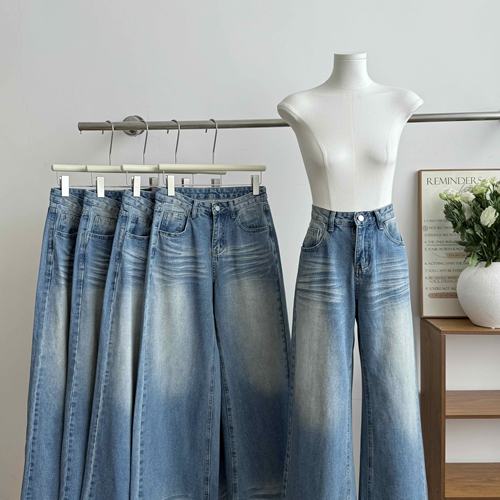 SUNONEONE 折痕美式水洗牛仔裤女春秋新款拖地长裤宽松直筒阔腿裤