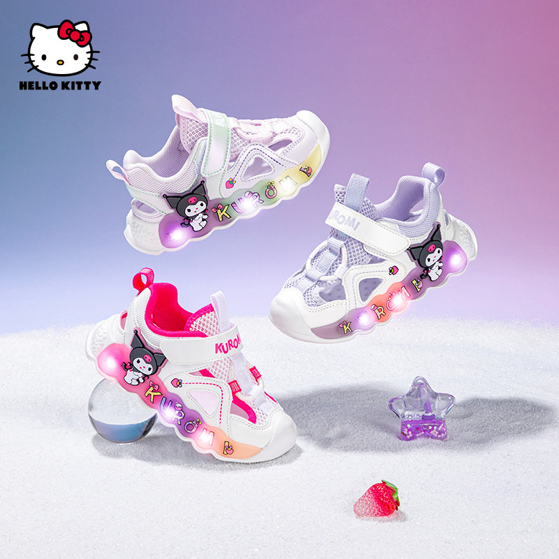 库洛米女童亮灯鞋夏季新款女孩透气框子鞋发光凉鞋运动沙滩鞋轻软