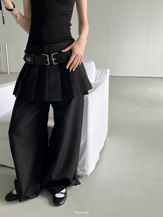 外百褶假两件阔腿黑色长裤 Rockrio Rarelicold