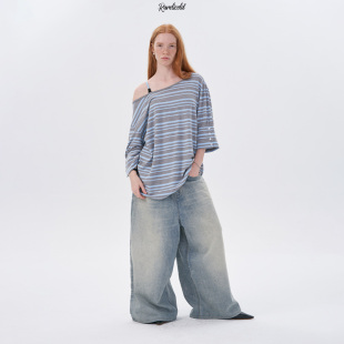 含蓝黑吊带 斜肩灰蓝条纹短袖 Rarelicold Rockrio