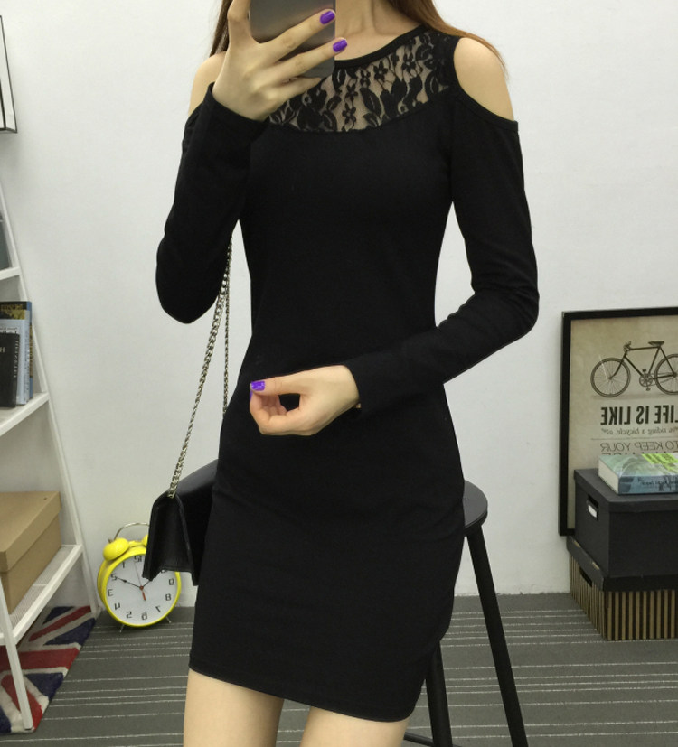 春秋新款修身风网纱露肩连衣裙