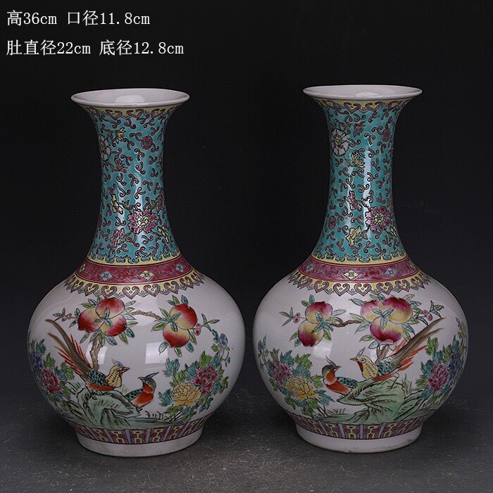 特价景德镇厂货粉彩手绘花鸟纹赏瓶一对出口古玩古董收藏摆件