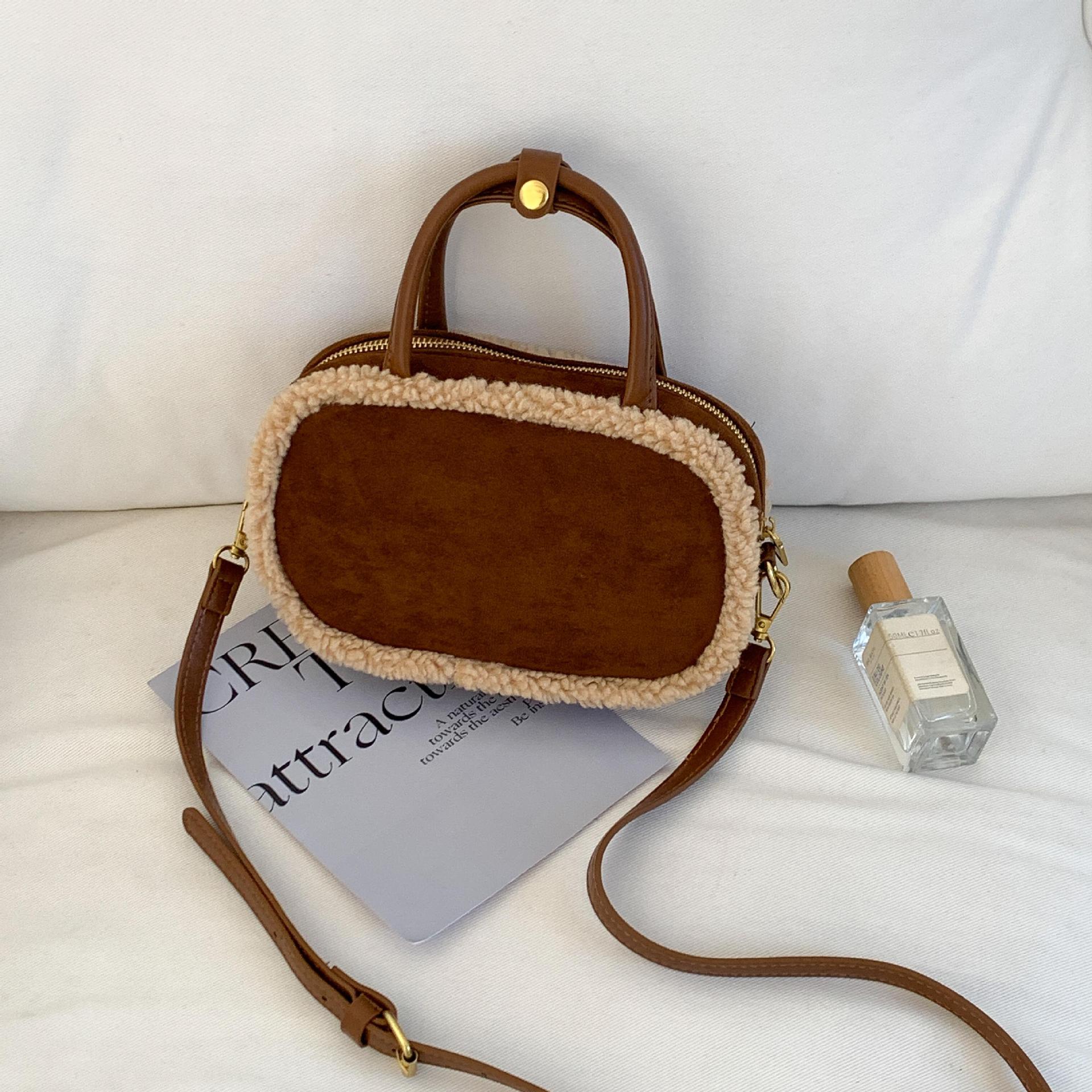 跨境秋冬毛绒手提包高级感手拎保龄球包女复古麂皮绒单肩斜挎包女