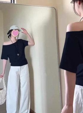 设计感时尚黑色斜肩纯棉短袖T恤女生夏季宽松百搭露肩上衣辣妹风