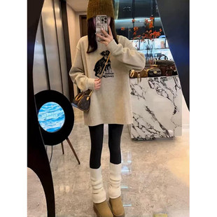 韩国秋冬圆领设计感卫衣女2025加绒加厚遮肚子中长款配鲨鱼裤上衣