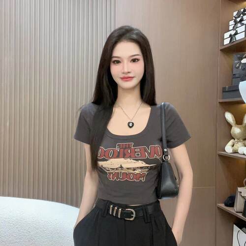 美式复古印花短袖t恤女2024新款夏季正肩辣妹U领紧身显瘦短款上衣