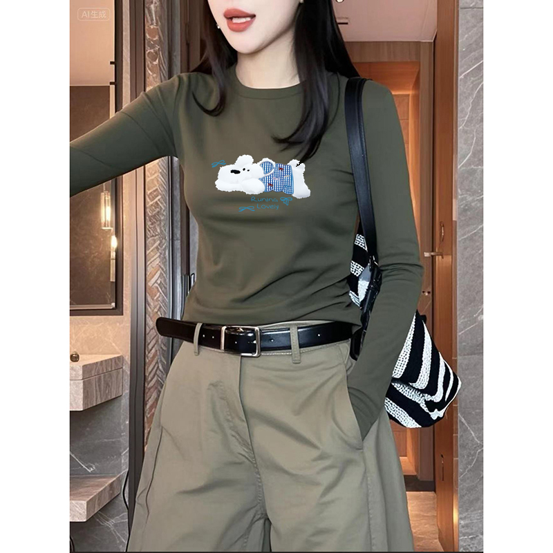 欧货军绿色正肩长袖T恤女2025新款秋季圆领修身显瘦体恤衫上衣