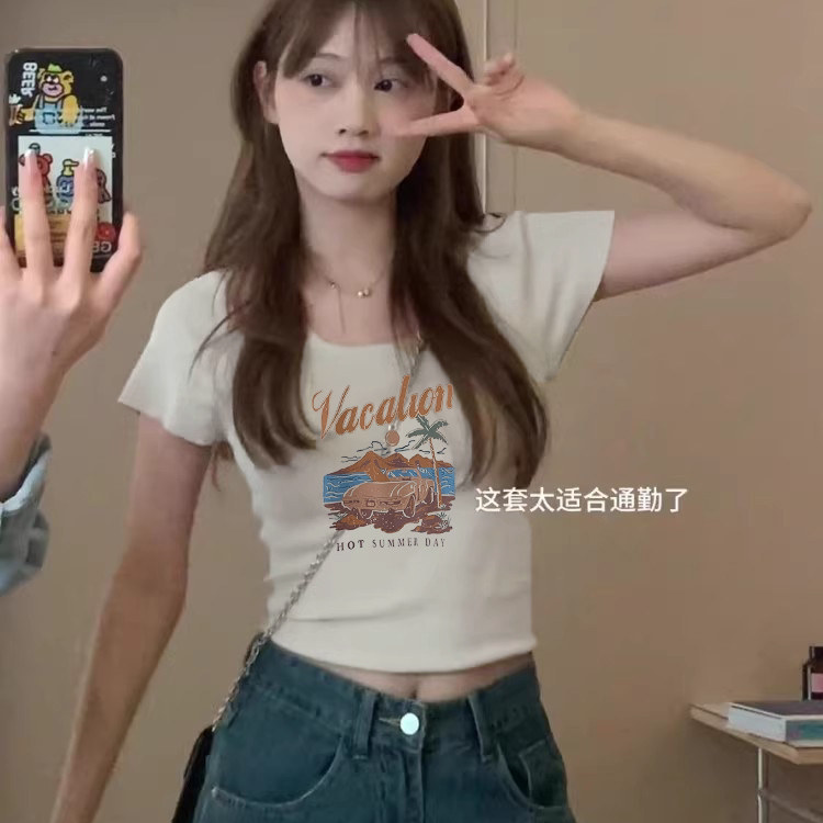 美式复古正肩短袖t恤女士2026夏季新款设计感小众修身短款u领上衣图片