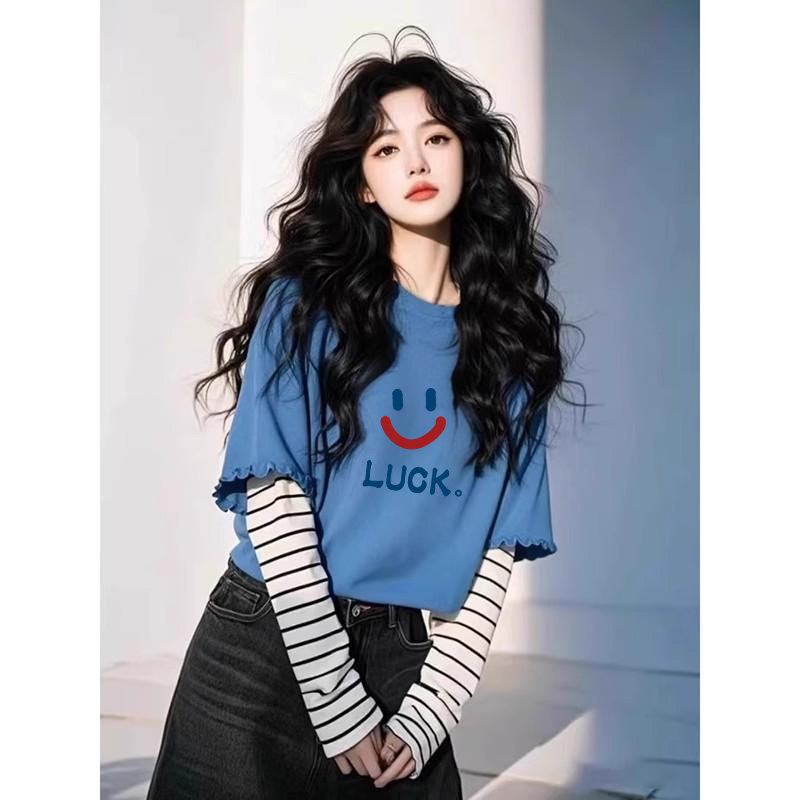 假两件撞色拼接长袖t恤女简约百搭显瘦打底上衣2025秋季新款女装,女装/女士精品,T恤,淘宝优惠券,粉丝福利购,淘宝优惠卷