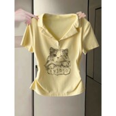 正肩polo领收腰显瘦短款 新款 上衣 t恤女2026夏季 小众印花黄色短袖