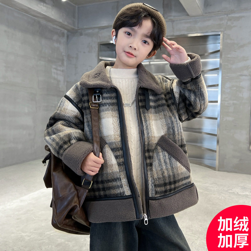 男童羊羔绒外套秋冬款加绒加厚中大儿童男孩冬装呢子皮草皮毛一体