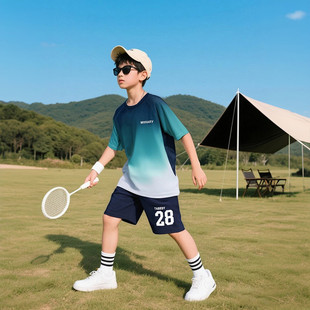 男童运动套装夏季篮球服儿童速干羽毛球跑步训练大童冰丝渐变短袖