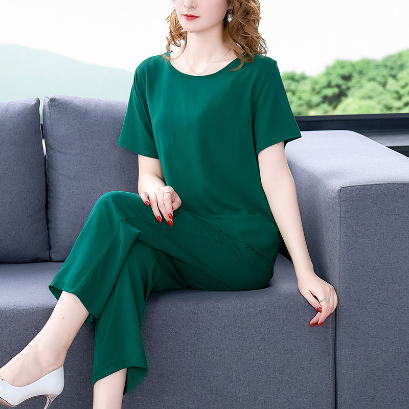 棉绸睡衣套装女夏季短袖大码纯色时尚外穿休闲大码中年妈妈家居服