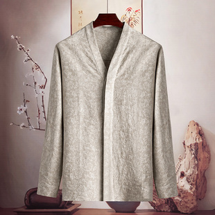 由天丨复古风男装提花棉麻衬衫中国风男士唐装长袖衬衣春秋季厚款