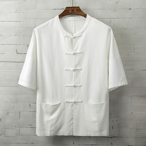 由天短袖中国风棉麻衬衫