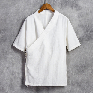由天原创中国风男装 男青年短袖 改良棉麻衬衫 斜襟系带亚麻汉服中式