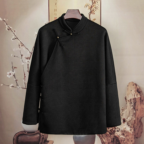 由天丨新中式男装提花长袖中国风唐装男改良汉服立领斜襟复古上衣