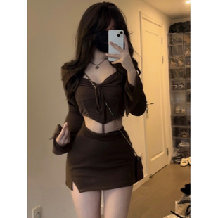 春秋甜美抽绳褶皱短款 纯欲风辣妹小个子套装 上衣女包臀短裙两件套