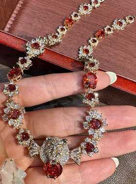 超重工红宝石狮子头项链满钻奢华辣妹天花板网红复古夸张宫廷