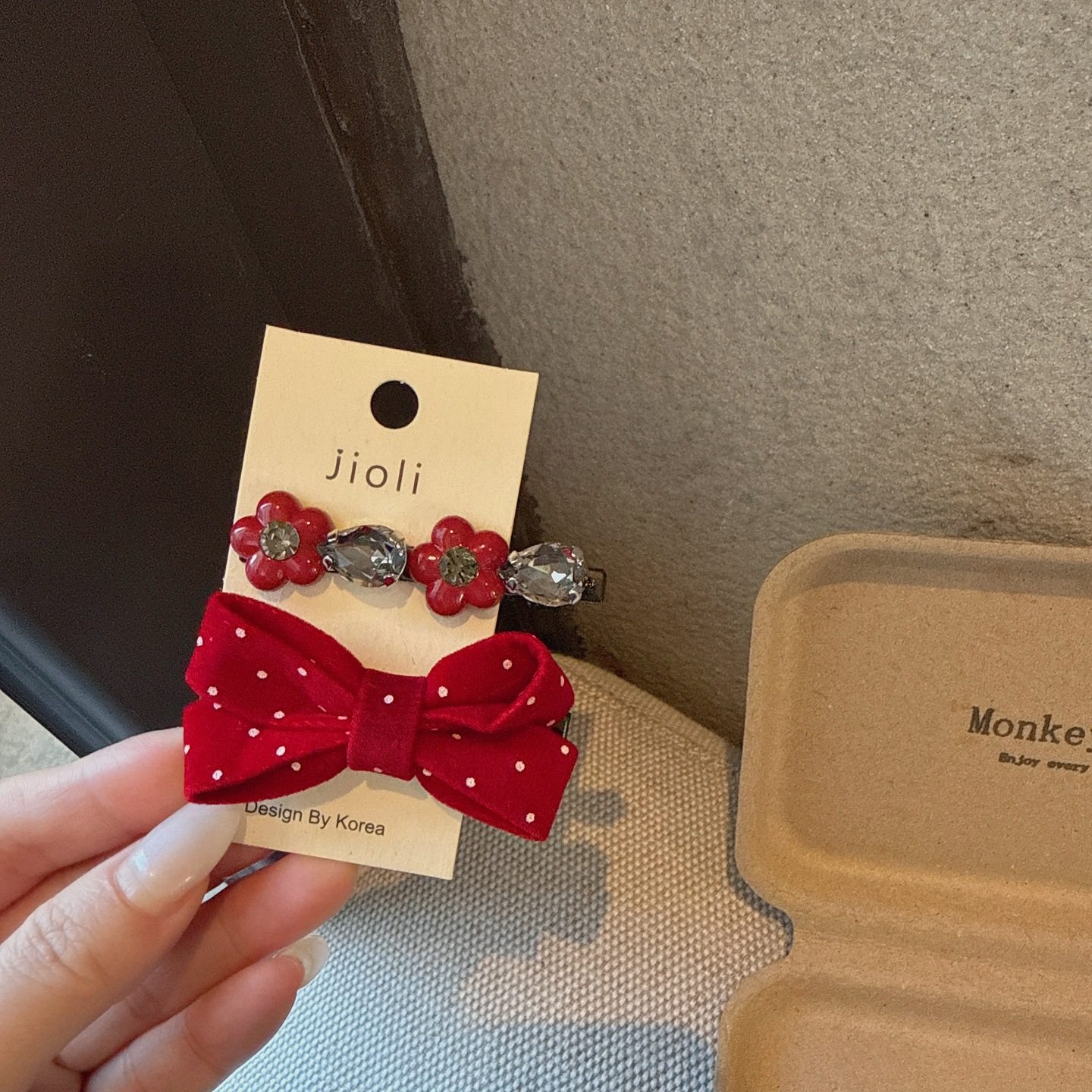 韩系新年红色波点蝴蝶结花朵对夹甜美气质少女水钻发夹前额刘海夹