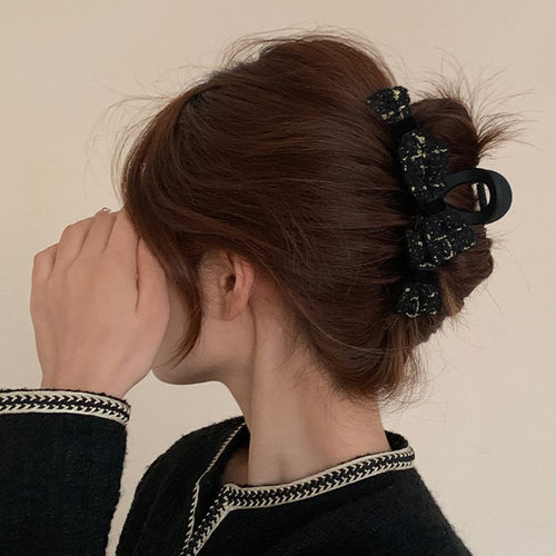 法式高级感粗呢蝴蝶结抓夹女秋冬大号后脑勺盘发头饰发夹鲨鱼夹