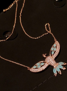 波希米亚风鸟项链吊坠复古民族风镶钻3D立体彩色锆石天使翅膀项链