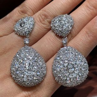 欧美非常奢华超闪精致立体感水滴形镶钻耳环满镶锆石银针礼服配饰