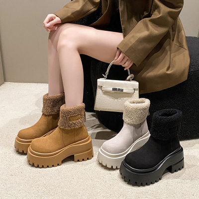 毛毛口厚底雪地靴女2025新款冬季加绒百搭保暖棉鞋子休闲复古短靴