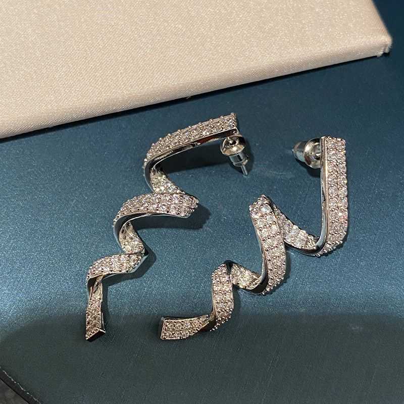 波浪线形耳环长款丝带飘飘创意耳坠925银针扭曲线条螺旋闪钻耳环