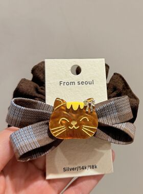 韩国可爱醋酸玳瑁猫咪格纹蝴蝶结小肠发圈时尚百搭马尾丸子头绳子