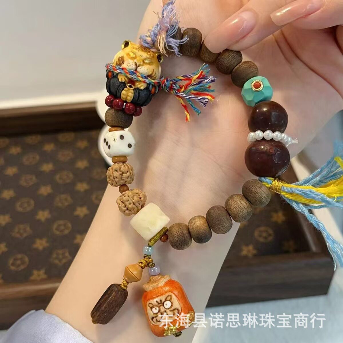 原创黄奇楠沉香手链搭配鹿角老虎达摩钱袋金刚菩提佛珠手串