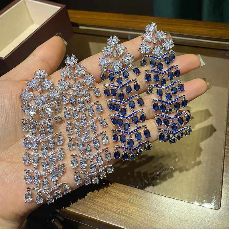 奢华长款气质锆石小花流苏耳环银针超闪耳坠女仙气显脸瘦花朵花