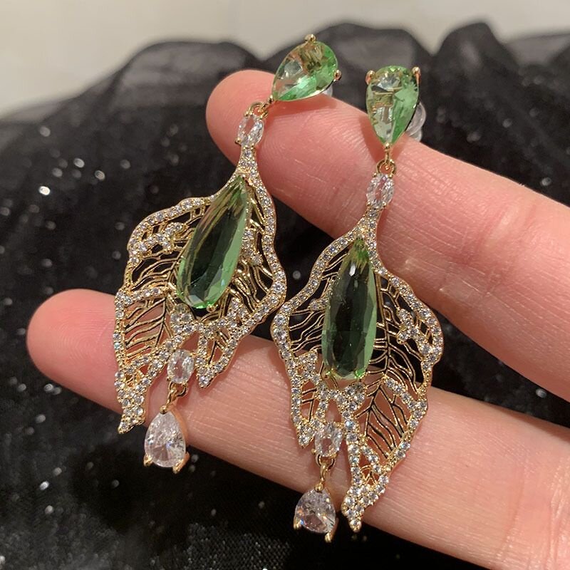 镂空树叶耳环透明超闪水滴流苏轻奢优雅大气S925银针蕾丝花朵耳饰