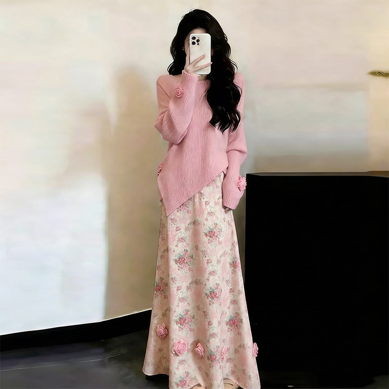 粉色针织上衣碎花半身裙两件套女26春装漂亮一整套300斤女装