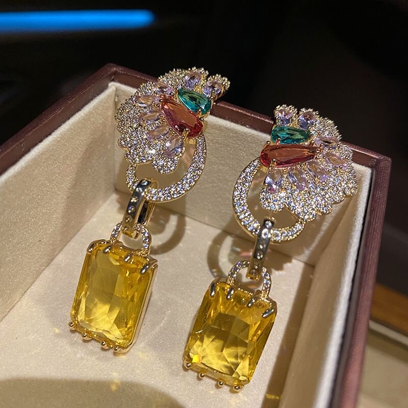 长款彩色蝴蝶黄水晶耳坠修饰脸型气质银针高级感超仙显瘦女耳饰