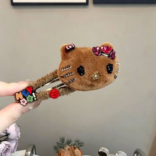 韩系可爱猫咪水钻边夹中长发夹子发饰早秋新款甜美bb夹刘海夹发饰