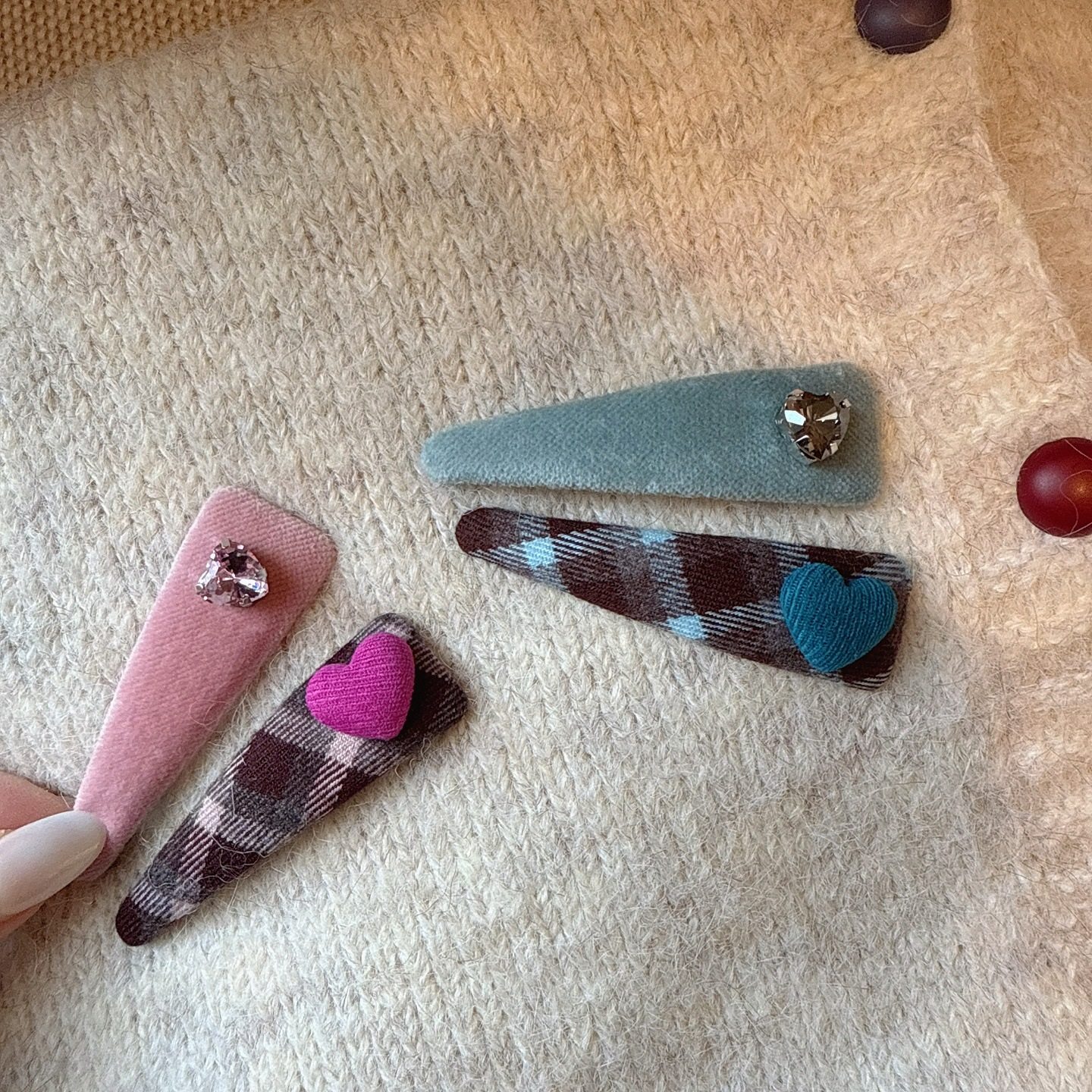 韩系复古格纹爱心闪钻对夹秋冬温柔百搭侧边夹刘海碎发BB夹子发卡