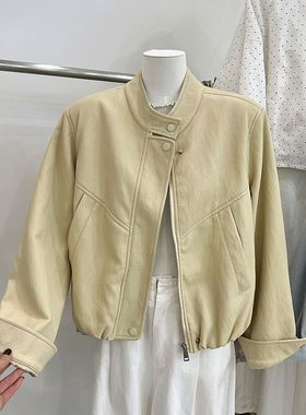 立领短款气质皮衣外套女2025春季新款韩版宽松拉链夹克鹅黄色上衣