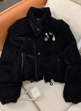 黑色丝绒复古短款羽绒棉服女冬季2022年新款棉袄加厚立领外套棉衣