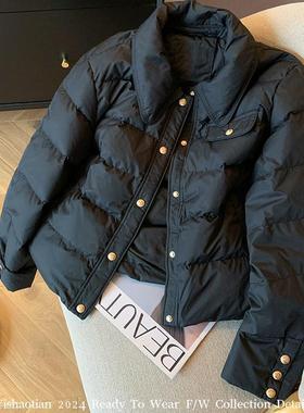 黑色翻领金扣小香风棉服女2024冬季新款高级感轻薄夹棉棉衣短外套