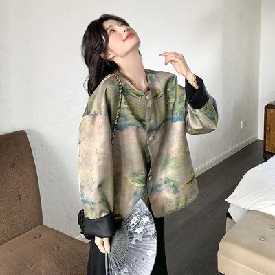青绿山水国风新中式皮衣外套女2025春装新款小众高级感皮夹克上衣
