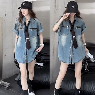 设计感小众潮牌宽松衬衣女欧货夏季polo领单排口中长款水洗牛仔衬