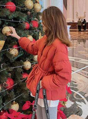 立领短款羽绒棉服女2022冬装新款系带收腰宽松韩版小个子学生棉衣