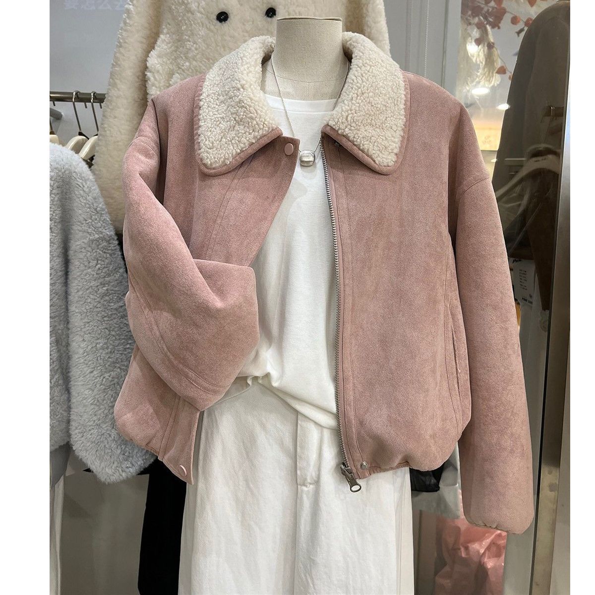 韩系麂皮绒羊羔毛翻领短外套女2025冬新款皮毛一体保暖两面穿夹克