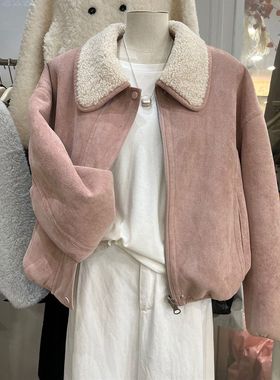 韩系麂皮绒羊羔毛翻领短外套女2025冬新款皮毛一体保暖两面穿夹克