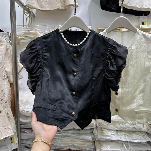 短袖衬衫女2024夏季新款欧韩货设计感小众拼接袖醋酸网红短款上衣