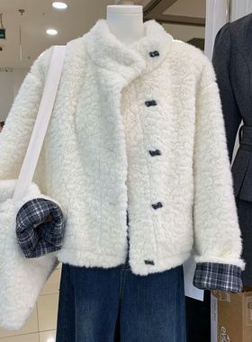 单排扣羊羔毛外套女短款2025冬季宽松立领仿皮草毛毛上衣外套